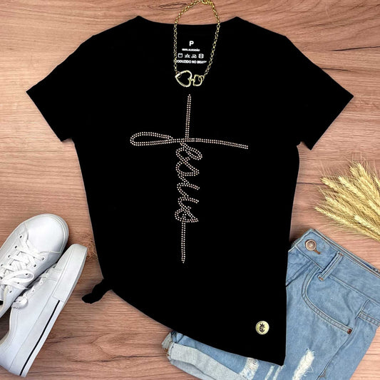 Camiseta Feminina Jesus Strass